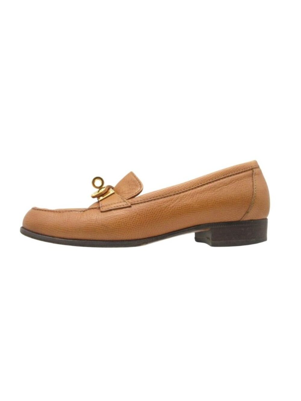 Hermes Loafers Moccasins Kelly Buckle Gold Leather Slip-on Shoes Camel
